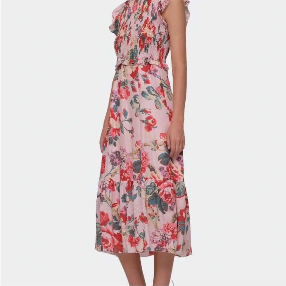Sea New York Lanie Floral Smocked Midi Dress 100% Silk Pink floral Size Medium M - Picture 4 of 7